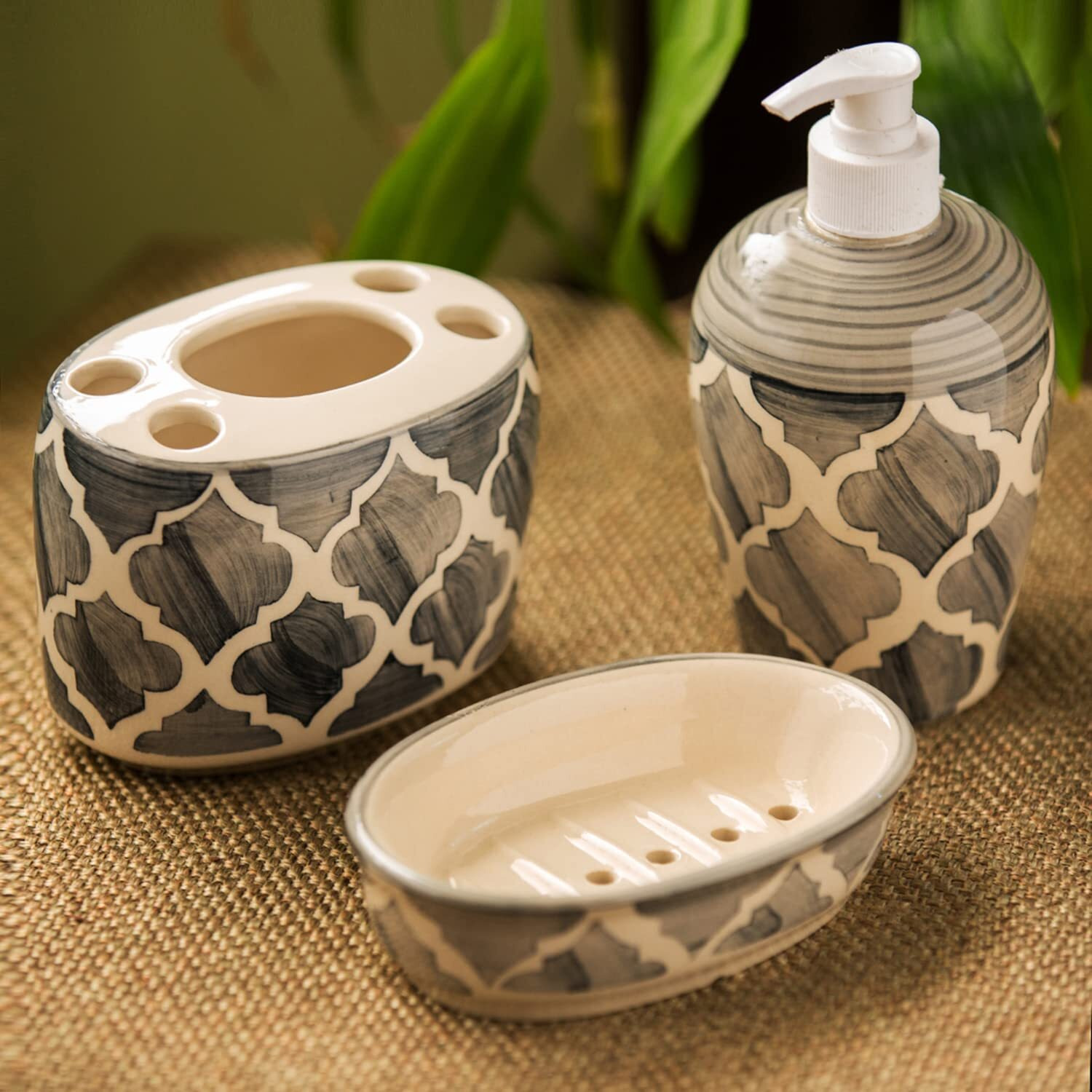Exclusivelane Moroccan Essentials Handpainted 3 Piece Ceramic Bathroom Accessory, Grey And Off White (Liquid Soap Dispenser, Soap Tray, Toothbrush Holder)