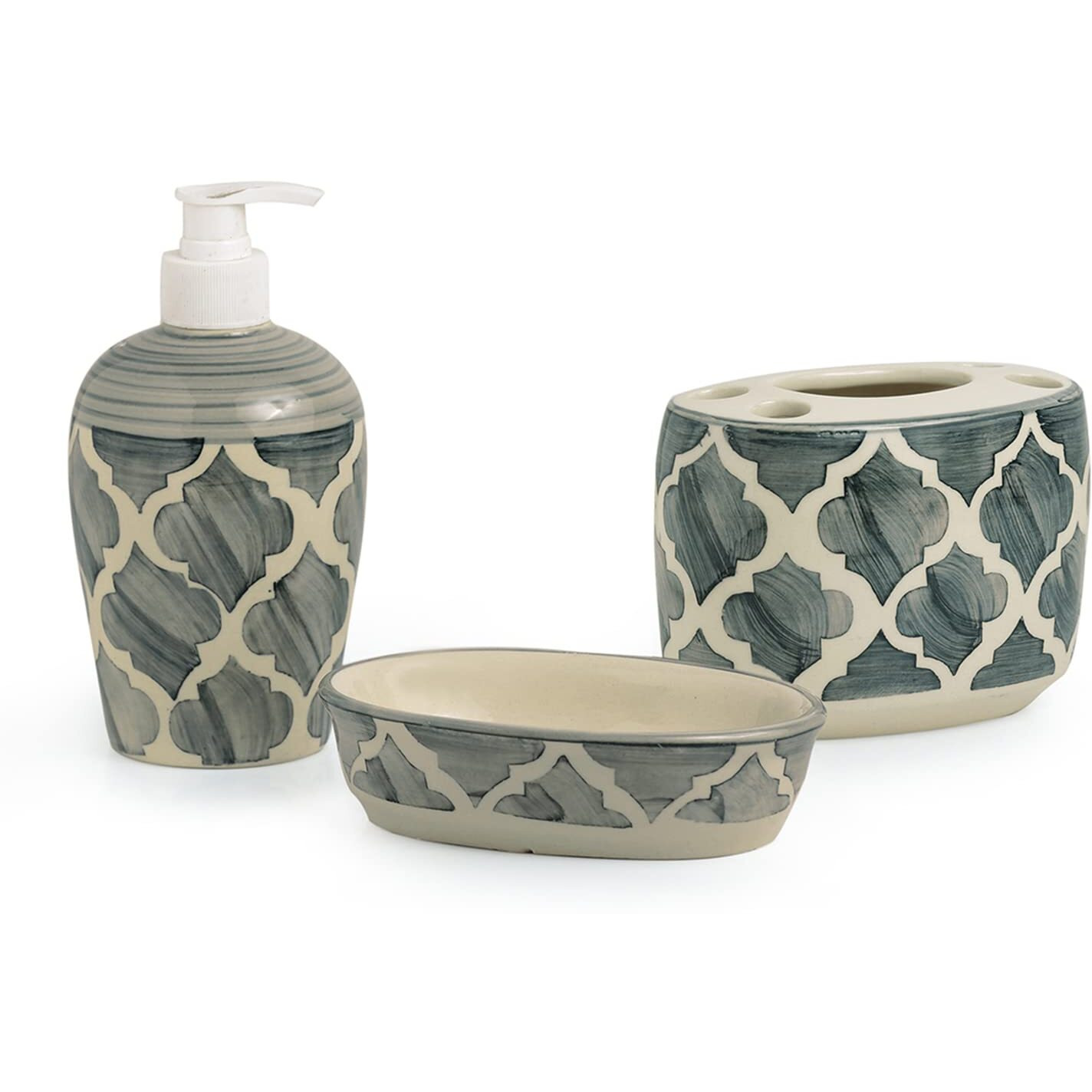 Exclusivelane Moroccan Essentials Handpainted 3 Piece Ceramic Bathroom Accessory, Grey And Off White (Liquid Soap Dispenser, Soap Tray, Toothbrush Holder)