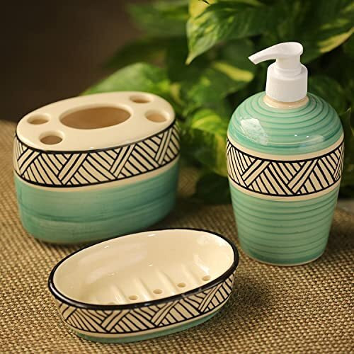 Exclusivelane 'sea Green Sky' 3 Piece Ceramic Bathroom Accessories Set Of 3 (Soap Tray, Ceramic Toothbrush Holder For Bathroom, Liquid Soap Dispenser For Bathroom) | Soap Holder For Bathroom Organiser