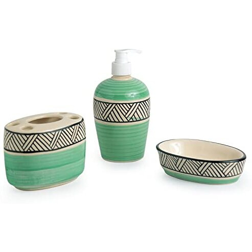 Exclusivelane 'sea Green Sky' 3 Piece Ceramic Bathroom Accessories Set Of 3 (Soap Tray, Ceramic Toothbrush Holder For Bathroom, Liquid Soap Dispenser For Bathroom) | Soap Holder For Bathroom Organiser
