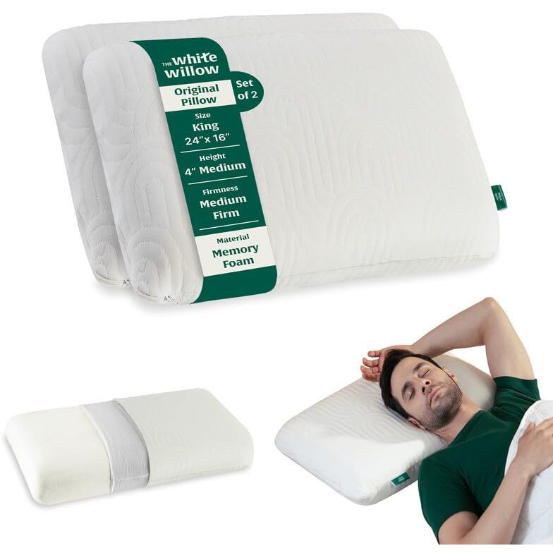 The White Willow Memory Foam Pillow Set Of 2 For Neck & Shoulder Pain Relief-Cervical Pillow For Sleeping-Orthopedic Bed Pillow For Back, Side & Stomach Sleepers-Medium Firm-King Size-4" H-Cream