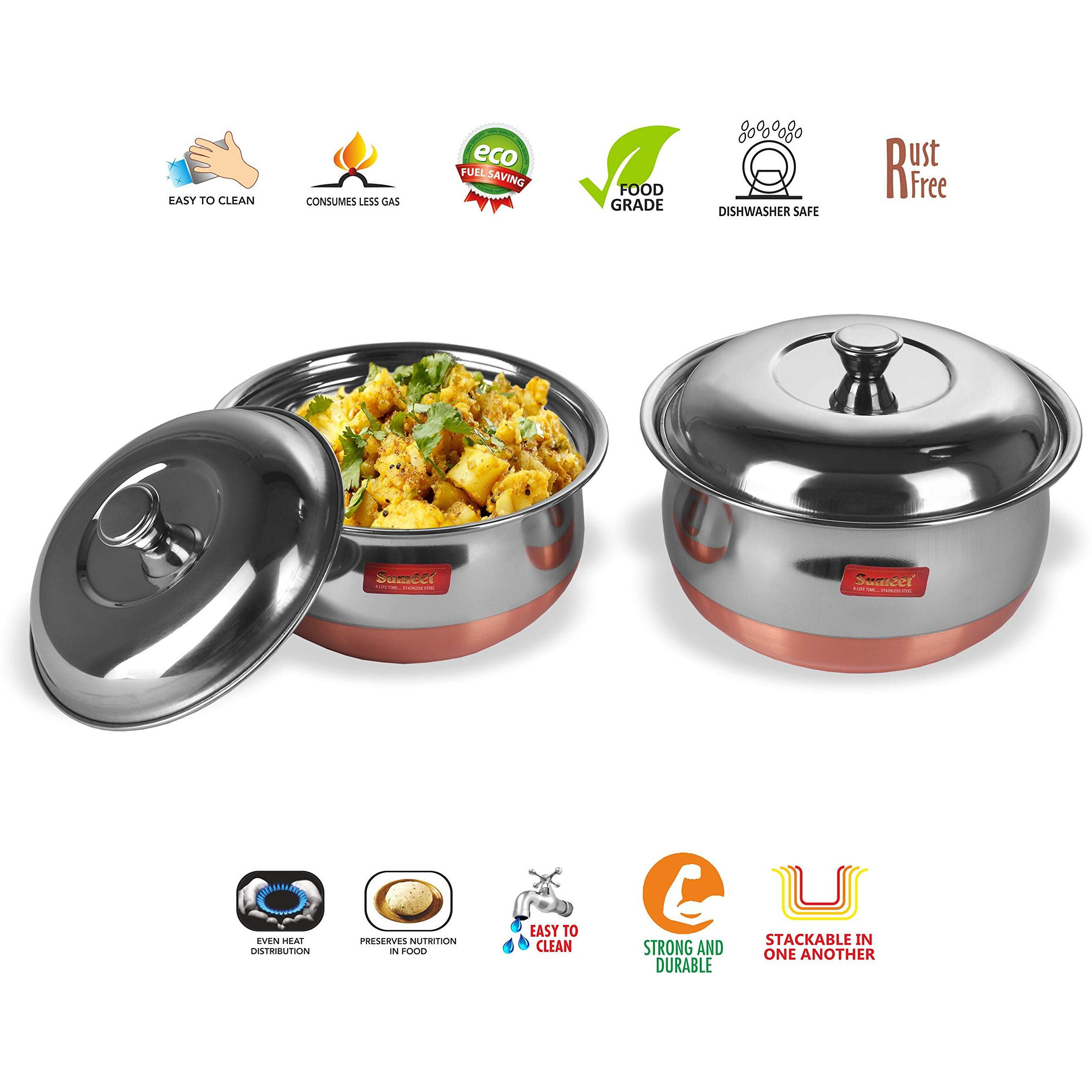 Sumeet Stainless Steel Copper Bottom Multipurpose Cook & Serve Handi With Lid - 2 Pcs Set (1.1 Liter, 1.3 Liter)