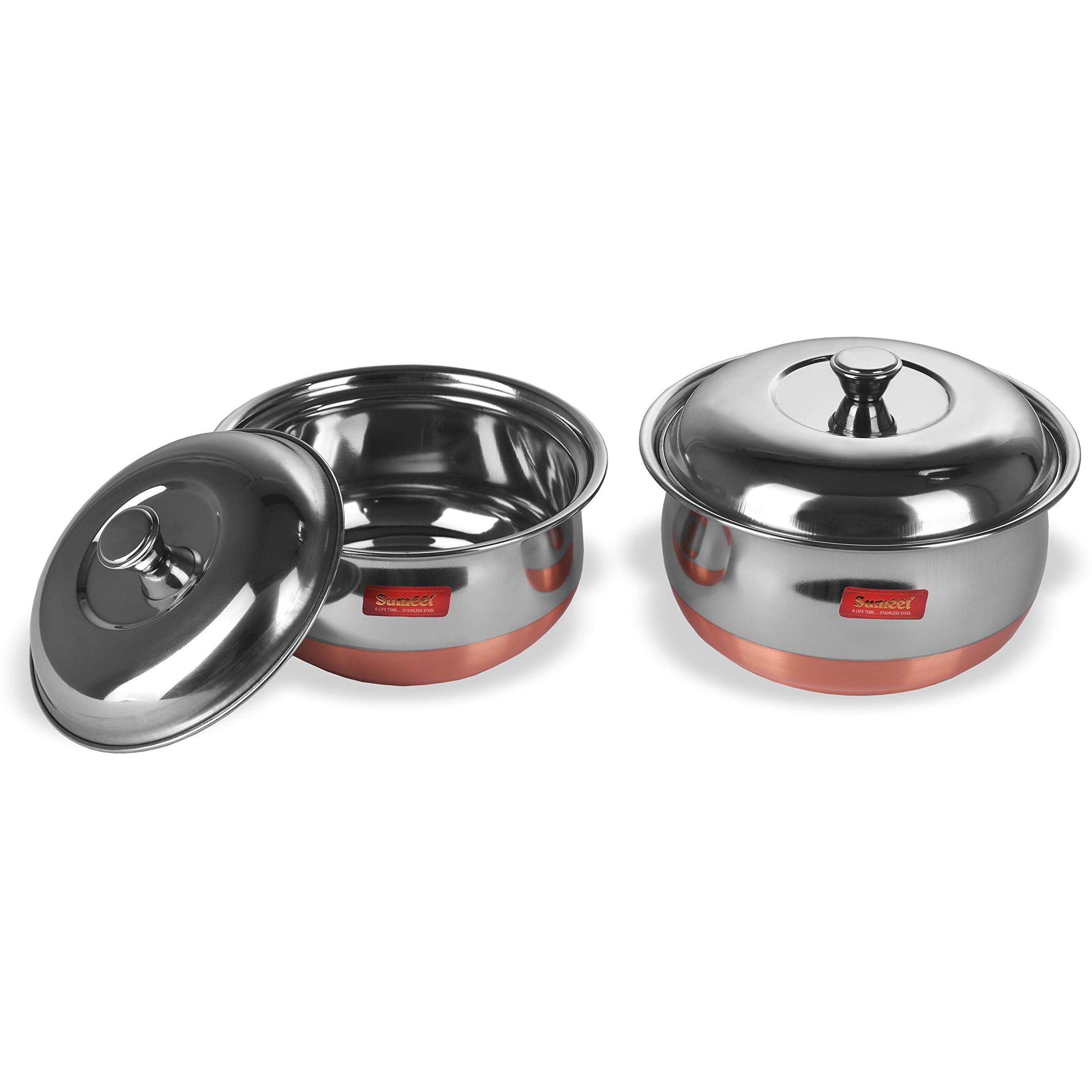 Sumeet Stainless Steel Copper Bottom Multipurpose Cook & Serve Handi With Lid - 2 Pcs Set (1.1 Liter, 1.3 Liter)