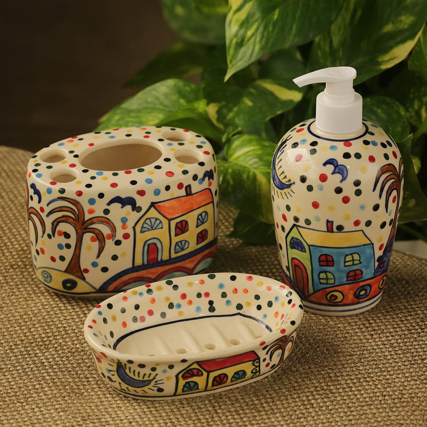 Exclusivelane 'The Hut Essentials' Hand-Painted Ceramic Bathroom Accessory Set Of 3 (Liquid Soap Dispenser, Soap Tray, Toothbrush Holder) (El-022-025)