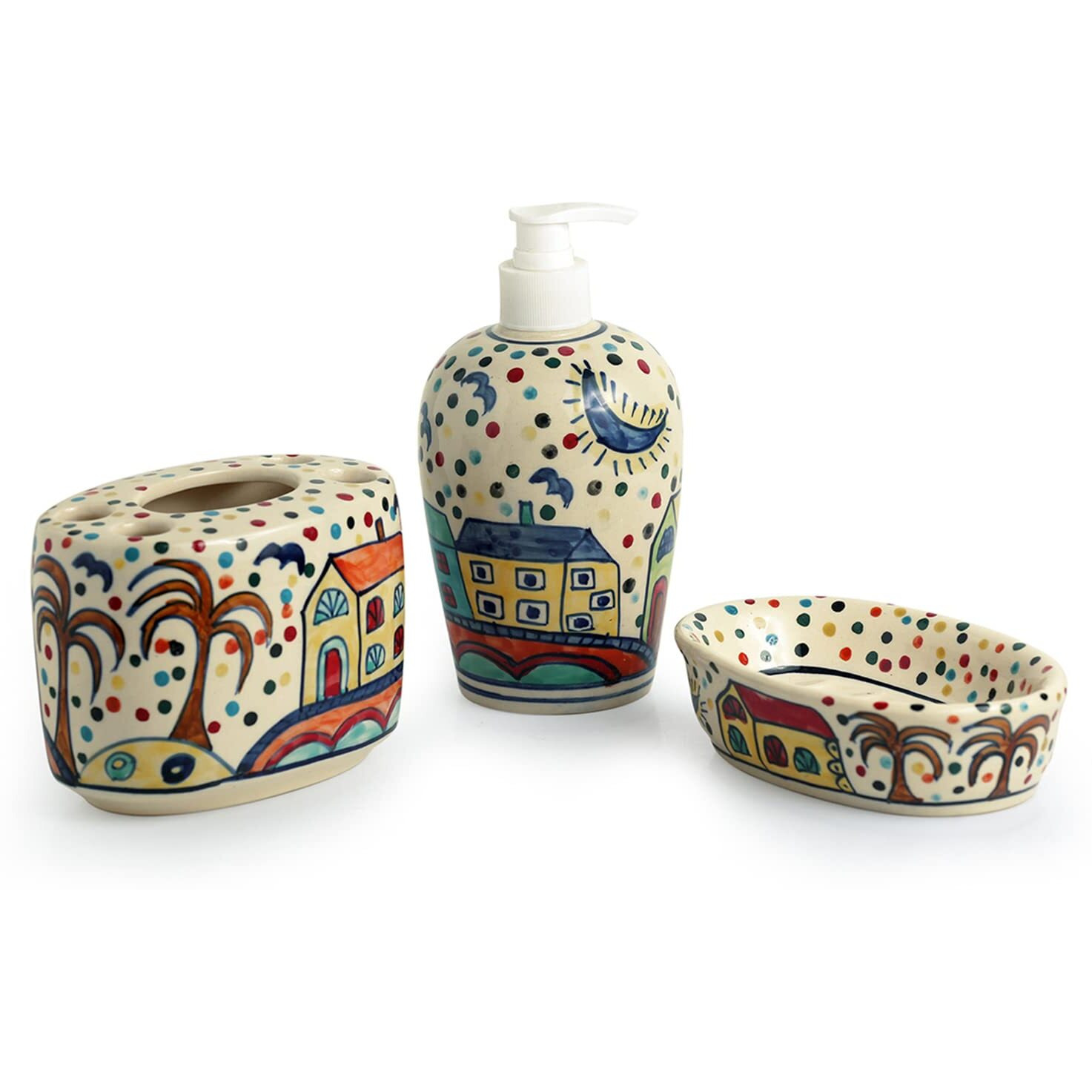 Exclusivelane 'The Hut Essentials' Hand-Painted Ceramic Bathroom Accessory Set Of 3 (Liquid Soap Dispenser, Soap Tray, Toothbrush Holder) (El-022-025)