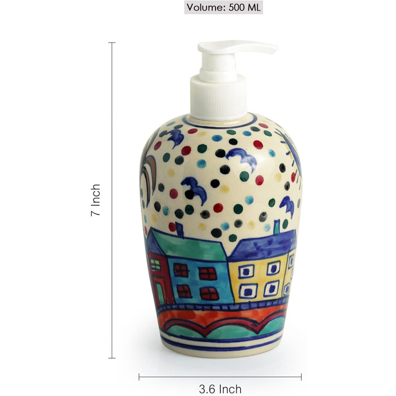 Exclusivelane 'The Hut Essentials' Hand-Painted Ceramic Bathroom Accessory Set Of 3 (Liquid Soap Dispenser, Soap Tray, Toothbrush Holder) (El-022-025)