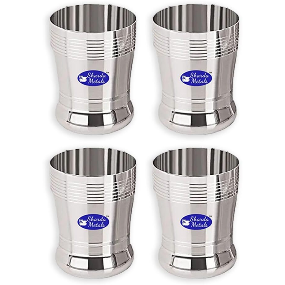Sharda Metals Stainless Steel Heavy Gauge Glass Set Of 4 Pcs For Water, Juice, Soft Drinks, Lassi, Chaass & Beverages, Mirror Finish, Food Grade Serving Glasses - 350 Ml Each