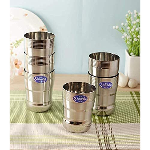 Sharda Metals Stainless Steel Heavy Gauge Glass Set Of 4 Pcs For Water, Juice, Soft Drinks, Lassi, Chaass & Beverages, Mirror Finish, Food Grade Serving Glasses - 350 Ml Each
