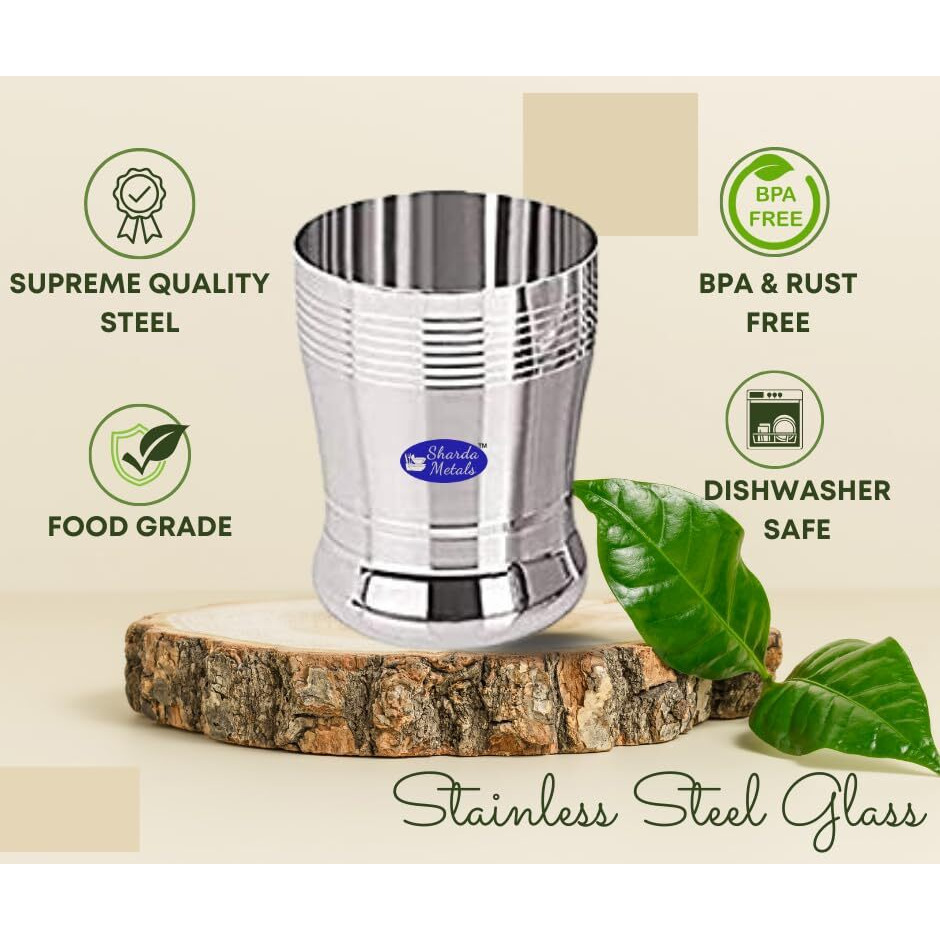 Sharda Metals Stainless Steel Heavy Gauge Glass Set Of 4 Pcs For Water, Juice, Soft Drinks, Lassi, Chaass & Beverages, Mirror Finish, Food Grade Serving Glasses - 350 Ml Each