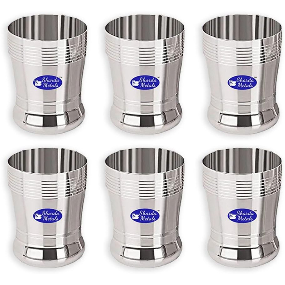 Sharda Metals Stainless Steel Heavy Gauge Glass Set Of 6 Pcs For Water, Juice, Soft Drinks, Lassi, Chaass & Beverages, Mirror Finish, Food Grade Serving Glasses - 350 Ml Each