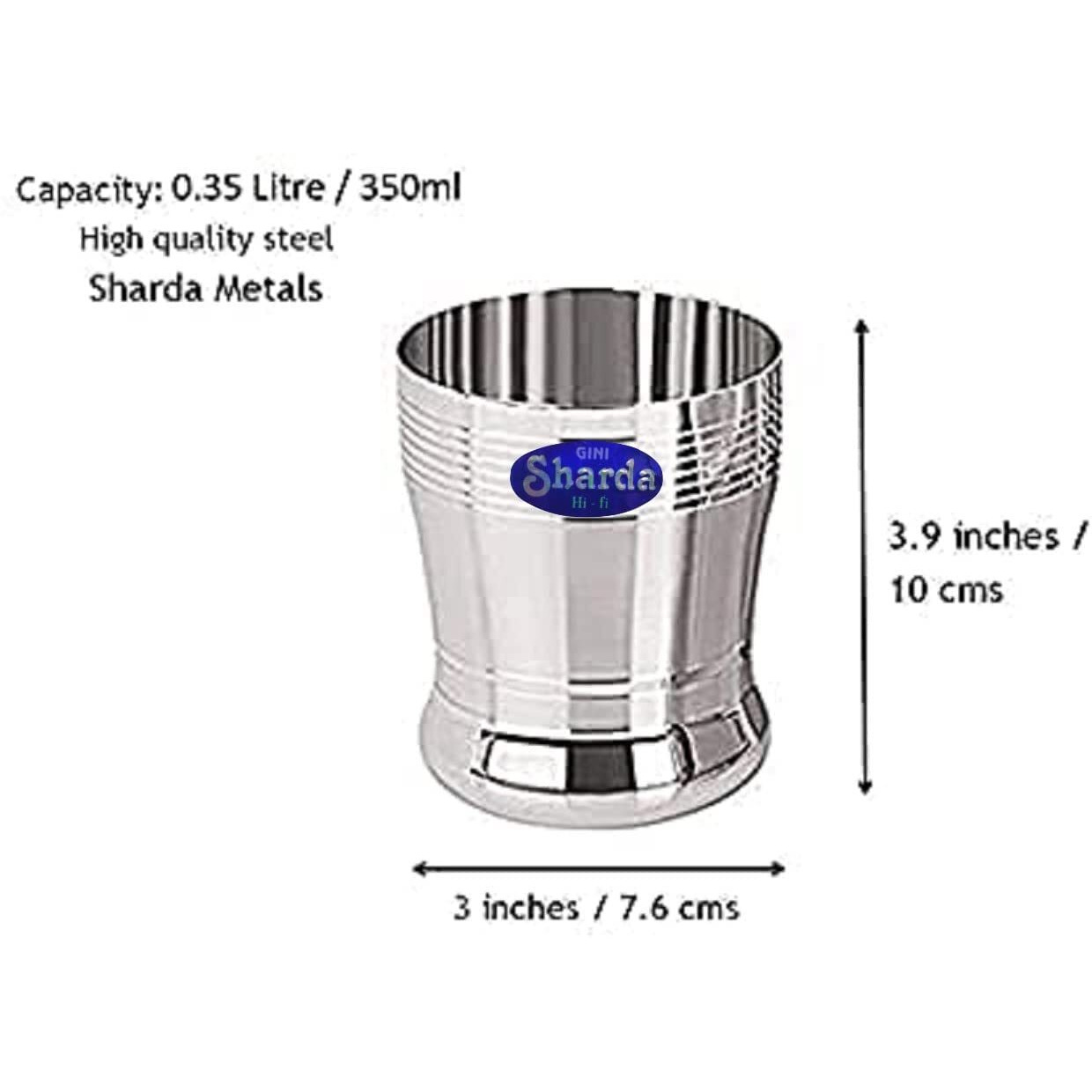 Sharda Metals Stainless Steel Heavy Gauge Glass Set Of 6 Pcs For Water, Juice, Soft Drinks, Lassi, Chaass & Beverages, Mirror Finish, Food Grade Serving Glasses - 350 Ml Each
