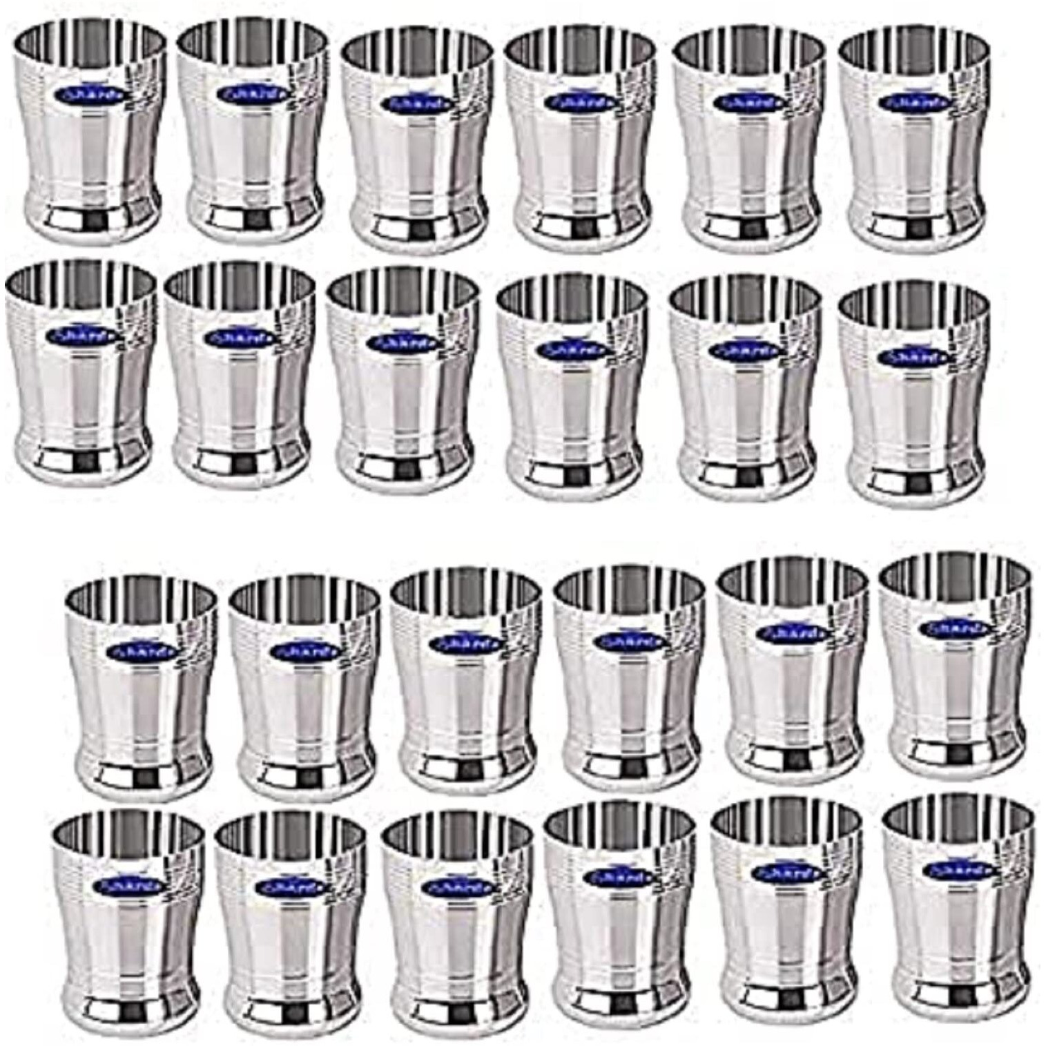 Sharda Metals Stainless Steel Heavy Gauge Glass Set Of 24 Pcs For Water, Juice, Soft Drinks, Lassi, Chaass & Beverages, Mirror Finish, Food Grade Serving Glasses - 350 Ml Each