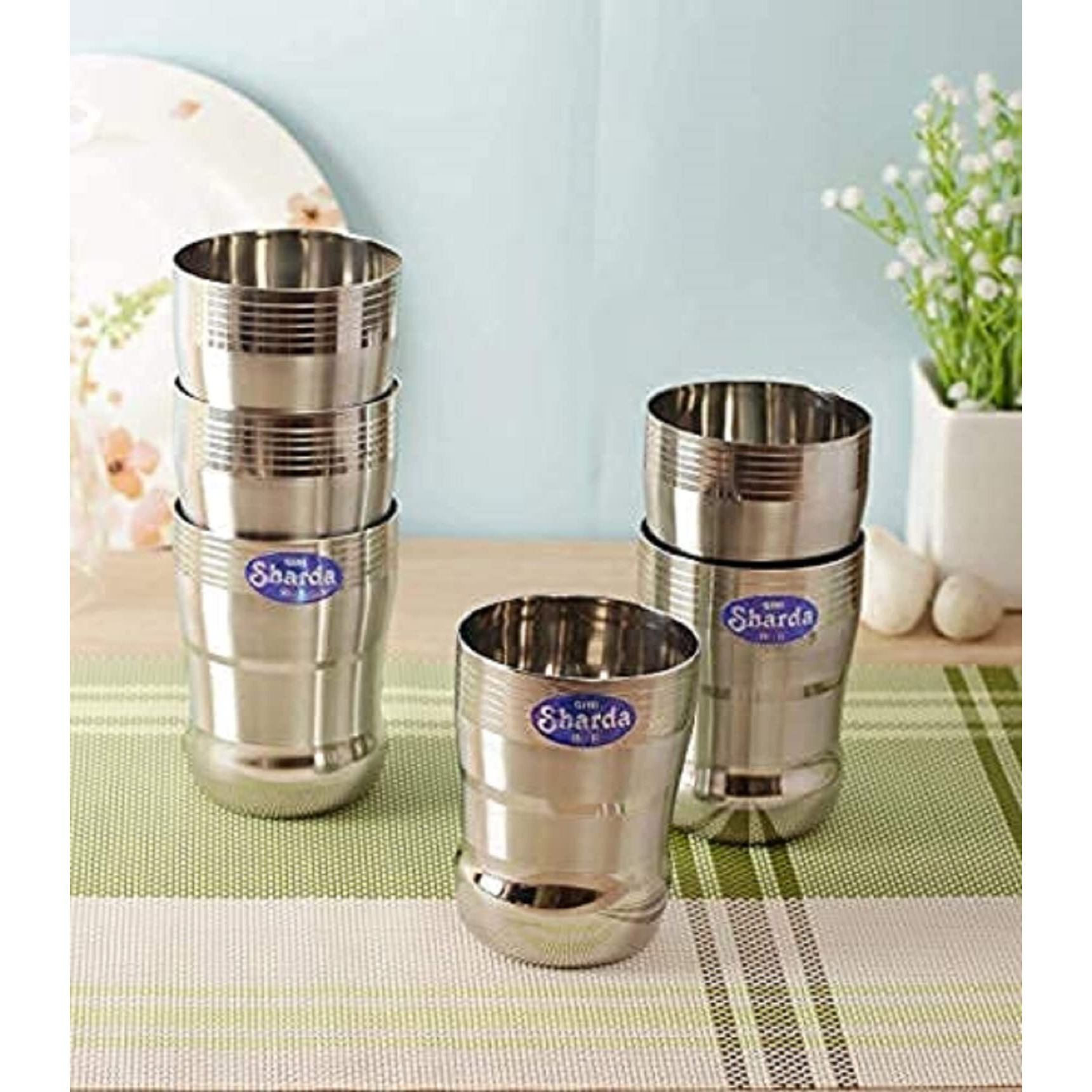 Sharda Metals Stainless Steel Heavy Gauge Glass Set Of 24 Pcs For Water, Juice, Soft Drinks, Lassi, Chaass & Beverages, Mirror Finish, Food Grade Serving Glasses - 350 Ml Each