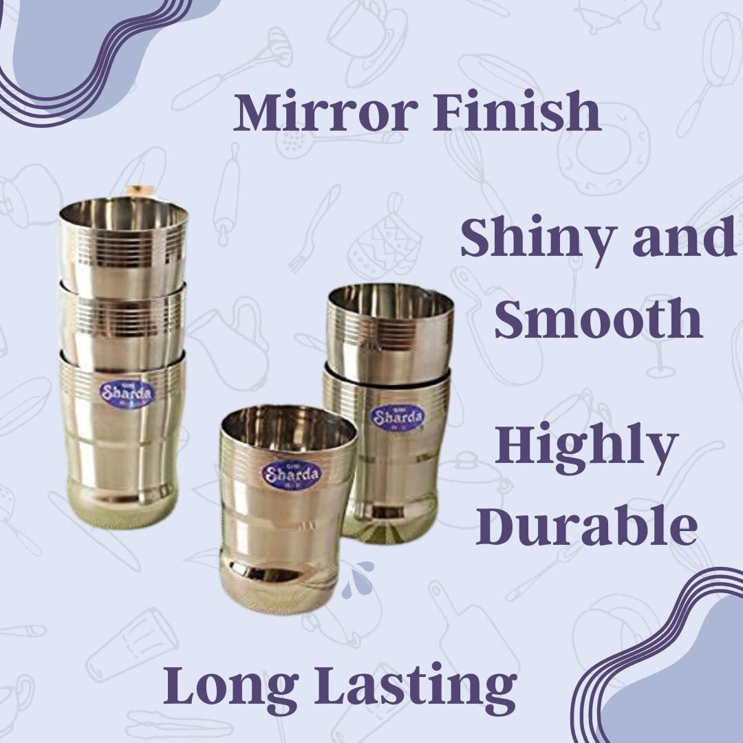 Sharda Metals Stainless Steel Heavy Gauge Glass Set Of 24 Pcs For Water, Juice, Soft Drinks, Lassi, Chaass & Beverages, Mirror Finish, Food Grade Serving Glasses - 350 Ml Each