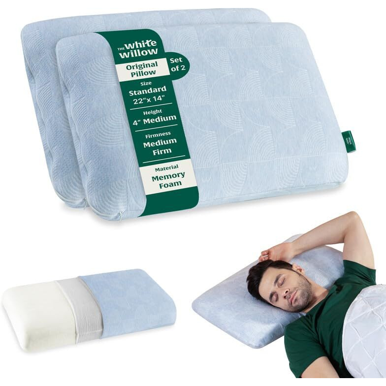 The White Willow Memory Foam Pillow Set Of 2 For Neck & Shoulder Pain Relief-Cervical Pillow For Sleeping-Orthopedic Bed Pillow For Back, Side & Stomach Sleepers-Medium Firm-Standard-4" H-White