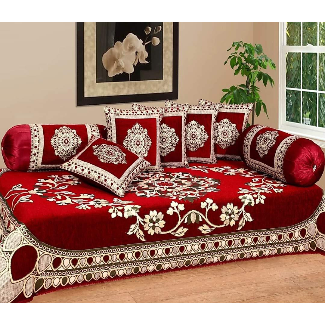 Fresh From Loom Velvet Floral 500 Tc Diwan Set Red - 1 Single Bedsheet With 2 Bolster Covers And 5 Cushion Covers (8Pc Set)