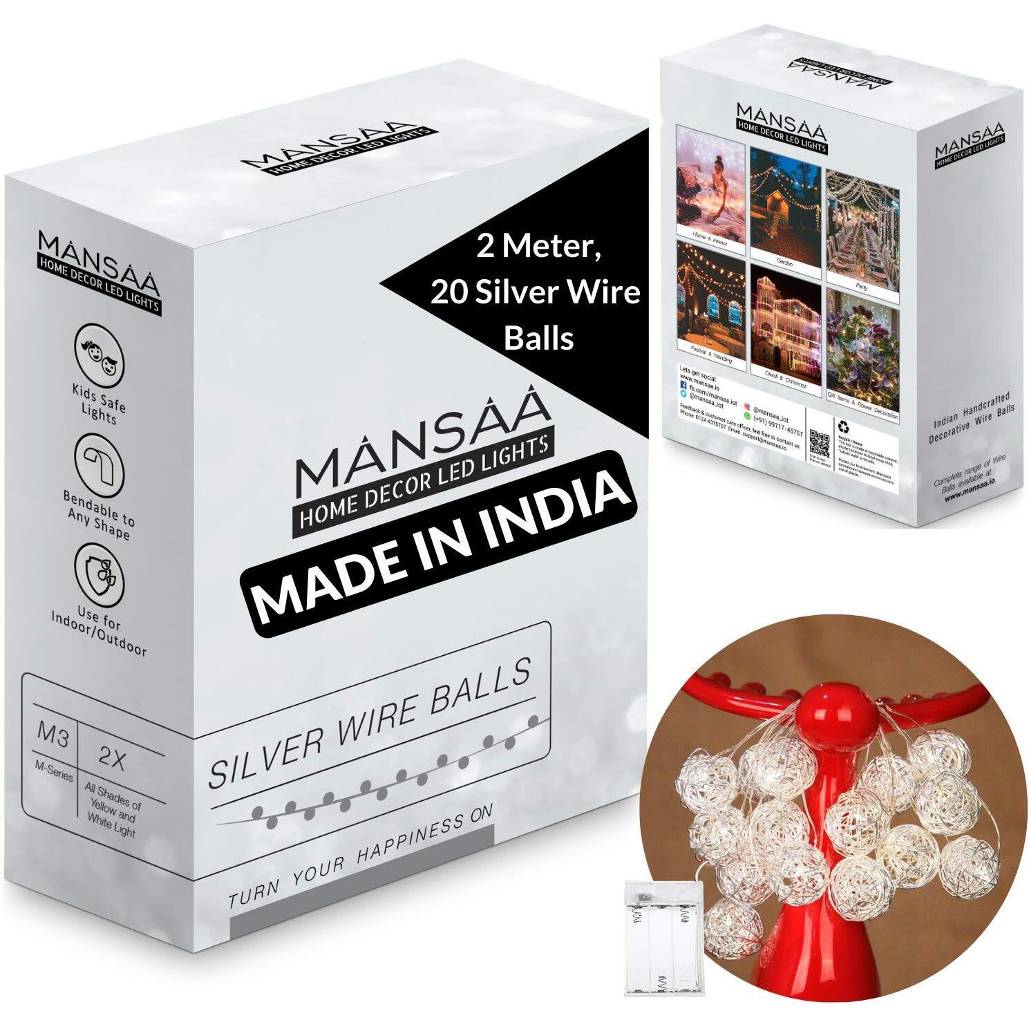 Mansaa Led Lights For Decoration | 18 Months Warranty, 20 Silver Balls | Christmas Decorations, Light Decor, Christmas Lights, Lights For Decoration, Christmas Decor With 2 Mtr Length (White, 1 Pack)