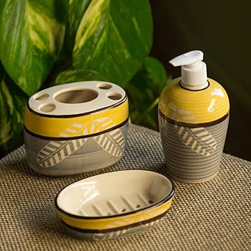 Exclusivelane Leaves Imprinted Ceramic Bathroom Accessories Set Of 3 (Liquid Soap Dispenser, Toothbrush Holder, Tumbler) (El-022-032), Grey