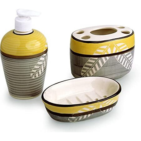Exclusivelane Leaves Imprinted Ceramic Bathroom Accessories Set Of 3 (Liquid Soap Dispenser, Toothbrush Holder, Tumbler) (El-022-032), Grey