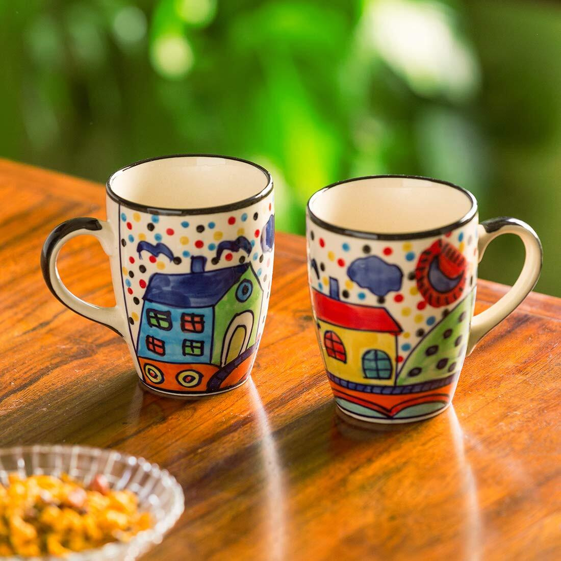 Exclusivelane 'Hut Handpainted' Ceramic Coffee Mug Ceramic Set Of 2 (Microwave Safe, 270 Ml)|Ceramic Coffee Mugs Ceramic Coffee Mug Set Serving Tea Mugs For Coffee Mugs Set Of 2 Ceramic Tea Mug