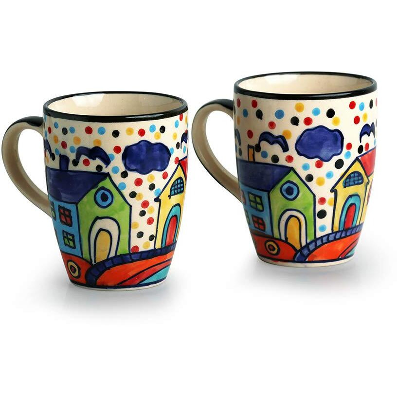 Exclusivelane 'Hut Handpainted' Ceramic Coffee Mug Ceramic Set Of 2 (Microwave Safe, 270 Ml)|Ceramic Coffee Mugs Ceramic Coffee Mug Set Serving Tea Mugs For Coffee Mugs Set Of 2 Ceramic Tea Mug