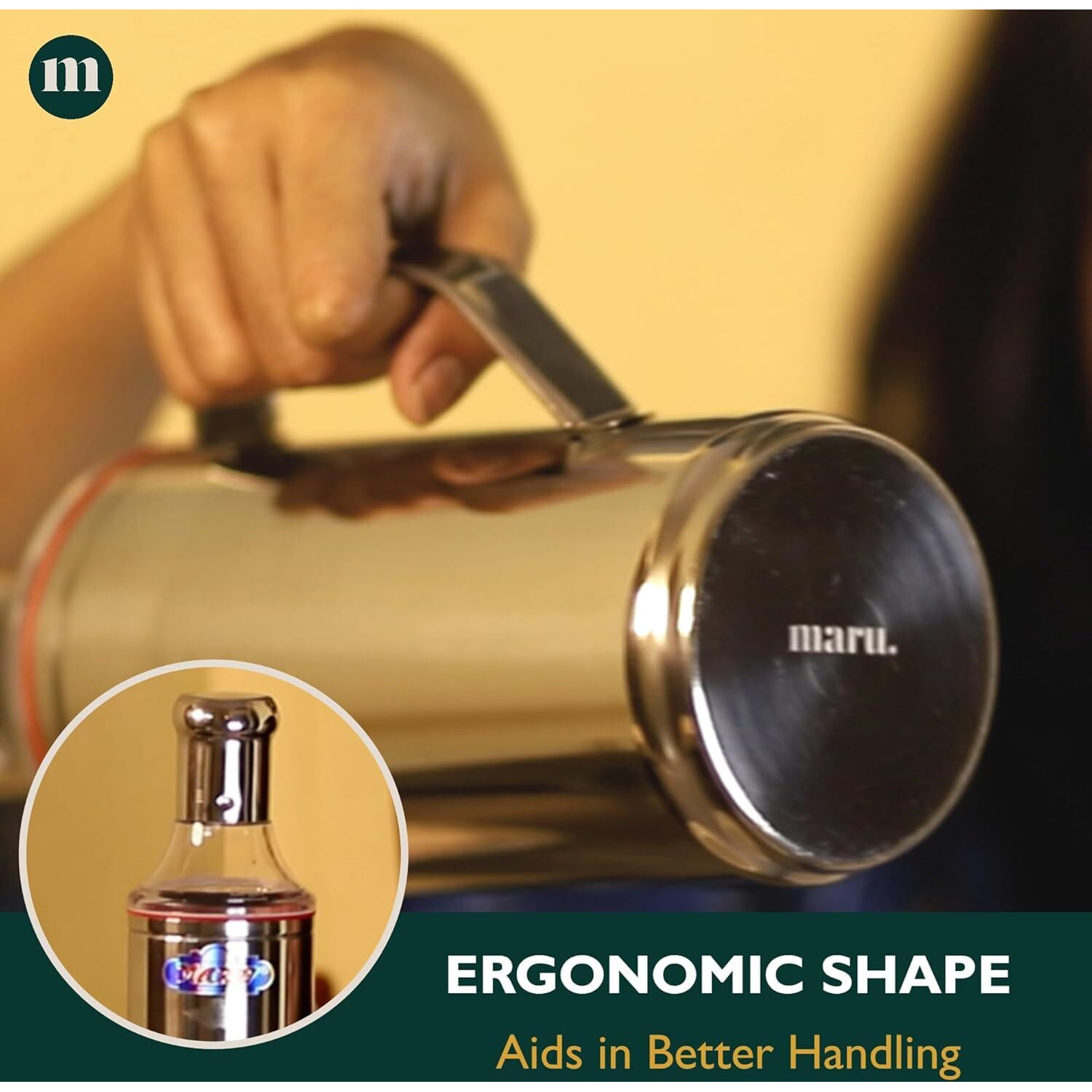 Maru Oil Dispenser 1 Litre Steel - Airtight Cap & Leakproof Design Oil Bottle, Mess-Free Storing & Pouring With Easy-Removeable Nozzle, One-Handed Grip For Effortless Cooking.