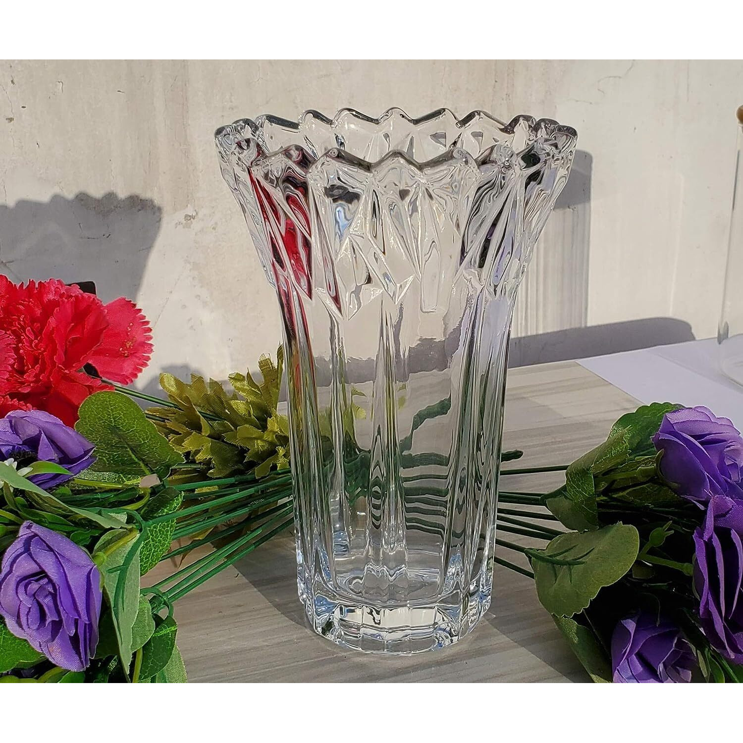 Pure Source India Glass Dimond Cut Flower Vase (Crystal Clear 9 Inch)