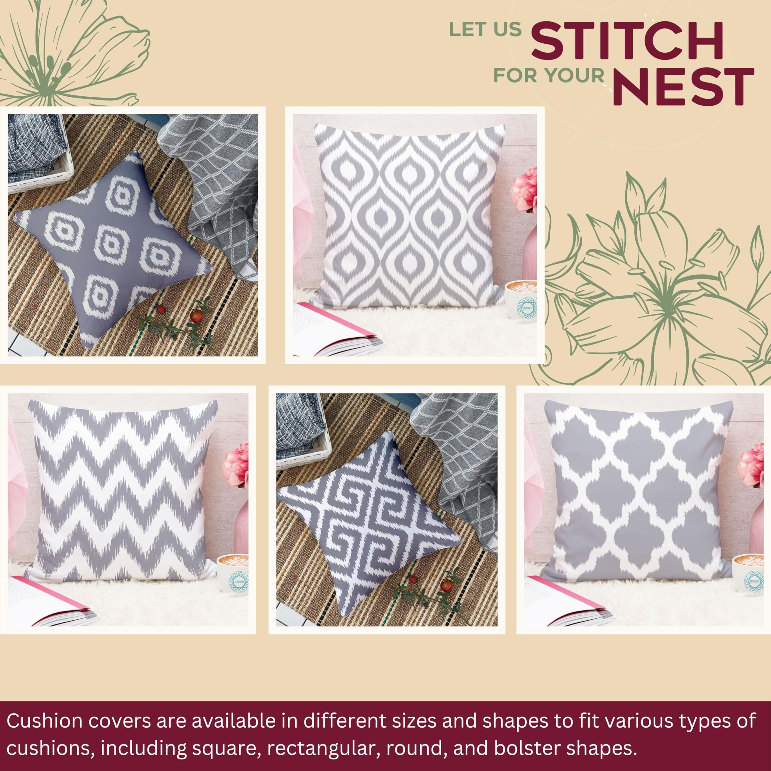 Stitchnest Grey Geometrical Ikat Ethnic Printed Poly Cotton Cushion Covers, Grey Set Of 5 (12 X 12 Inches With Fillers)