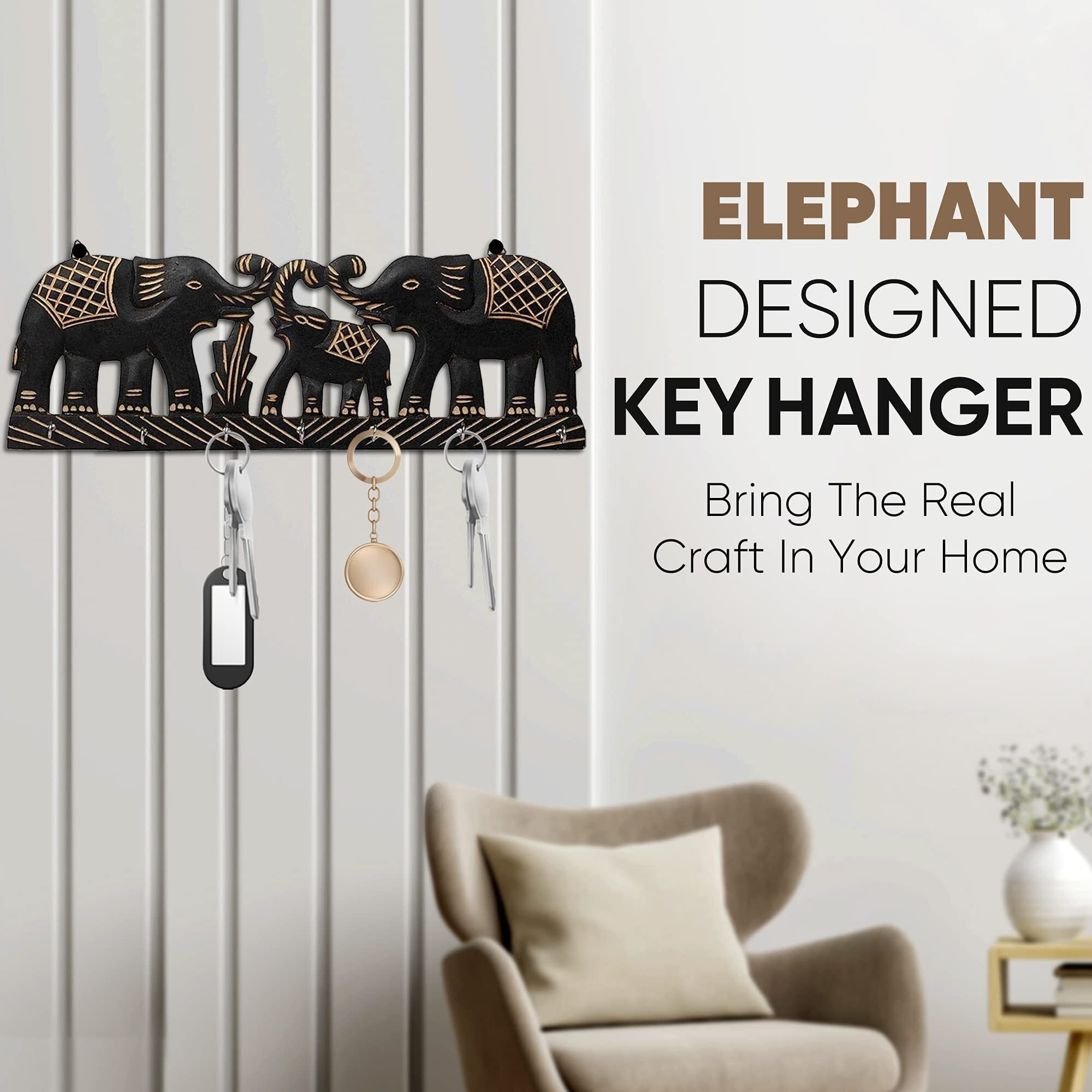 Karigar Creations Elephant Design Wooden Key Holder Decorative Wall Decor Key Holder For Home Mdf Wood Key Chain Holder With 8 Hooks (Pack Of 1)