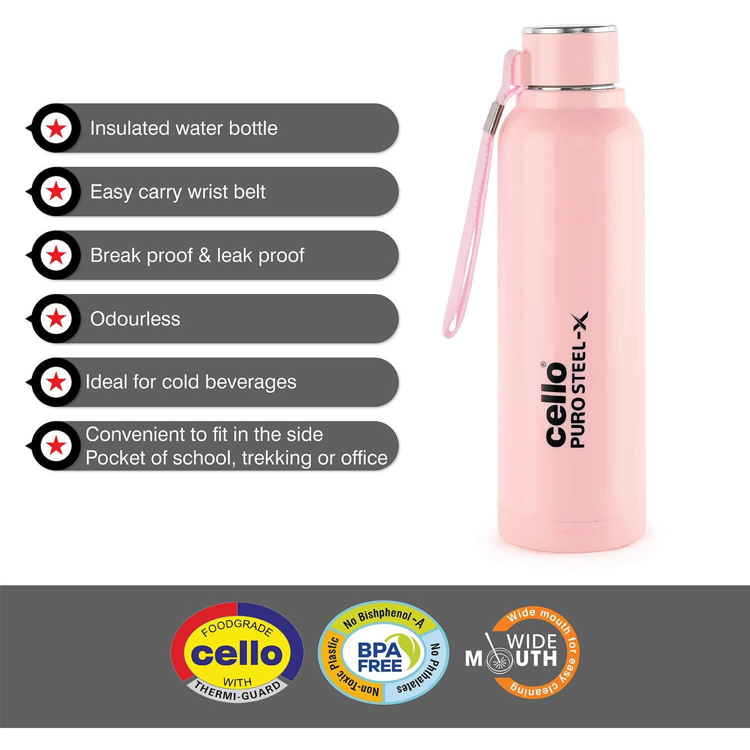 Cello Puro Steel-X Benz With Inner Steel And Outer Plastic Water Bottle, 730 Ml (Pink)