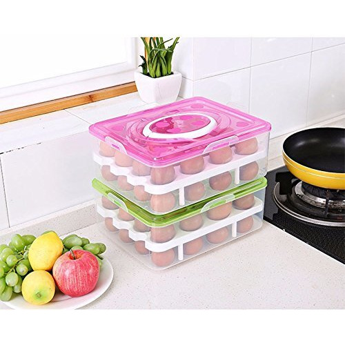 Styleys Double Layer Plastic 32 Grid Egg Storage Box For Refrigerator Kitchen With Lid (Pink_S11063, Square)