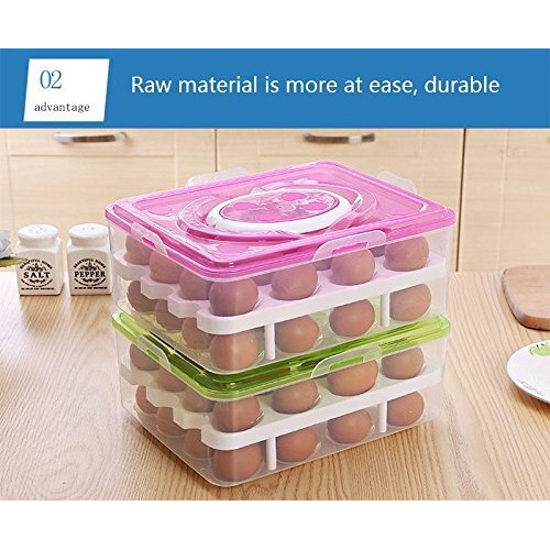 Styleys Double Layer Plastic 32 Grid Egg Storage Box For Refrigerator Kitchen With Lid (Pink_S11063, Square)