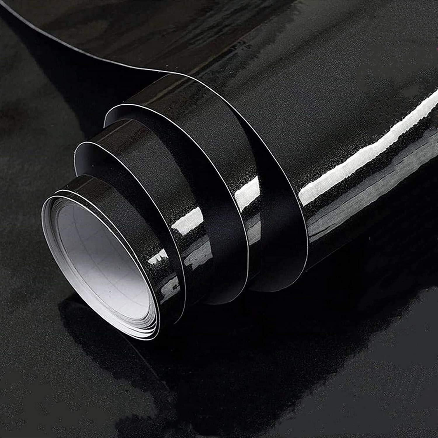 Elton Black Glossy Adhesive Decorative Vinyl Shelf Liner Decorative Self Adhesive Vinyl Sheet For Table Top,Furniture, Almirah And Other Diy, Renovation Projects 24 X 144 Inches