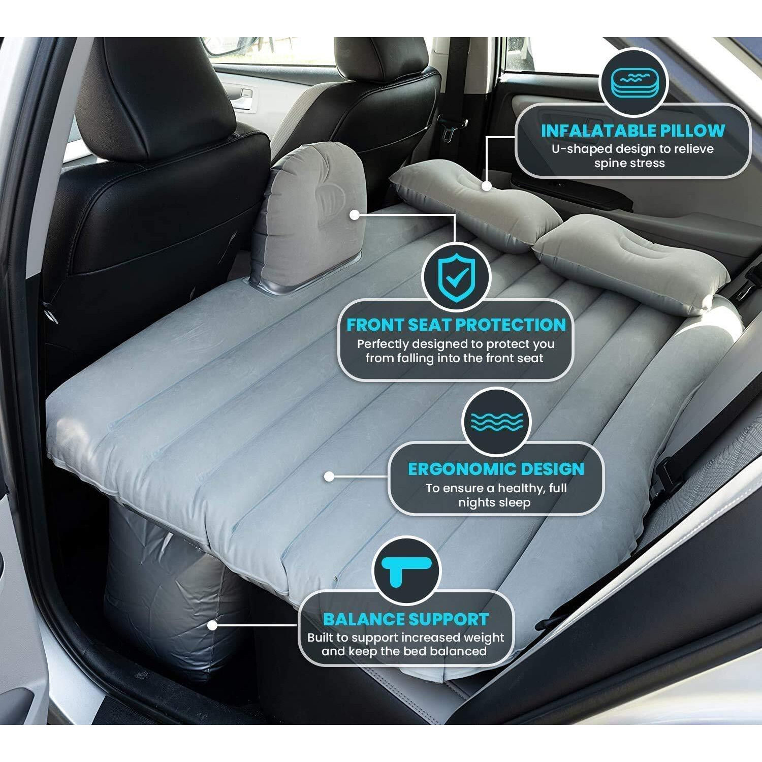 Leopax Easyway Inflatable Travel Car Bed Air Sofa With 2 Inflatable Pillow For Car Back Seat Fits Most Car Models For Camping Travel/Hiking & Other Outdoor Activities, Air Mattress Grey Fabric, Full