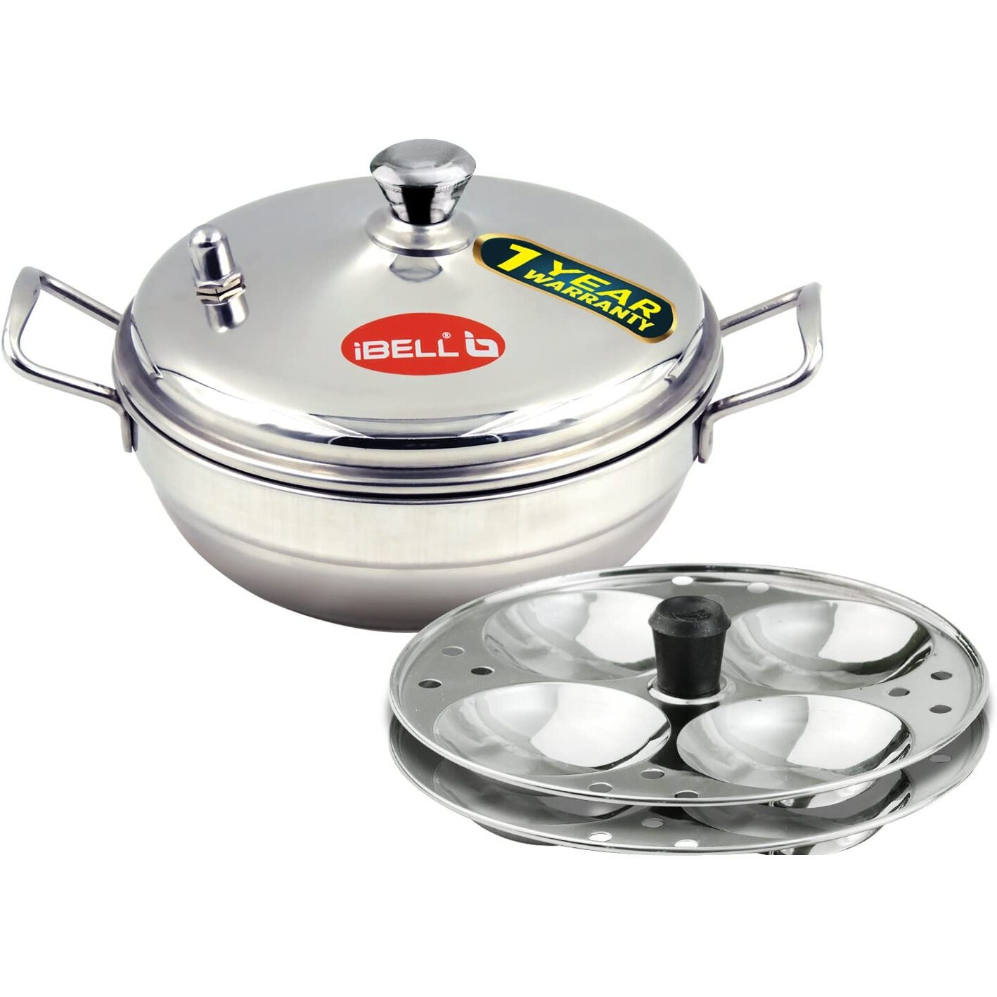 Ibell Stainless Steel Multi Purpose Kadai With 2 Idli Plate (8 Idlis) And Steel Lid, Silver