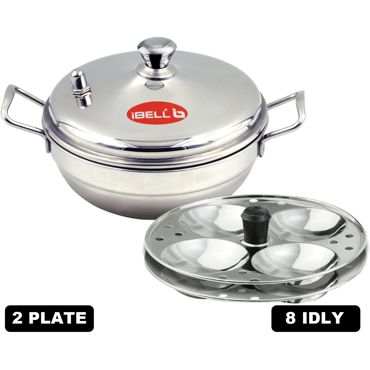 Ibell Stainless Steel Multi Purpose Kadai With 2 Idli Plate (8 Idlis) And Steel Lid, Silver