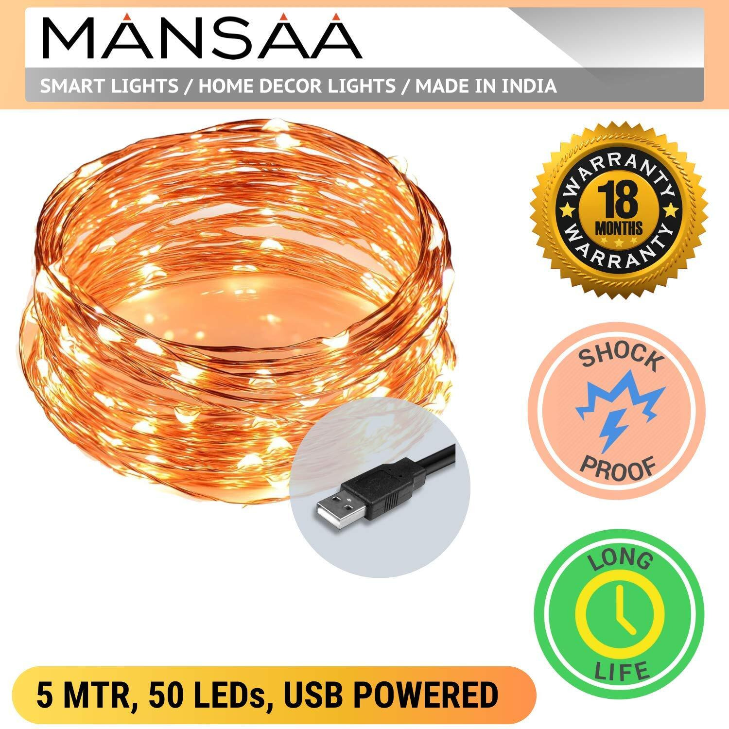 Mansaa Lights For Decoration | 18 Months Warranty | 5 Meter, 50 Leds | Fairy Lights For Room Decoration, Led Lights For Decoration, Decoration Light, String Lights, Usb Operated (Yellow, Pack Of 1)