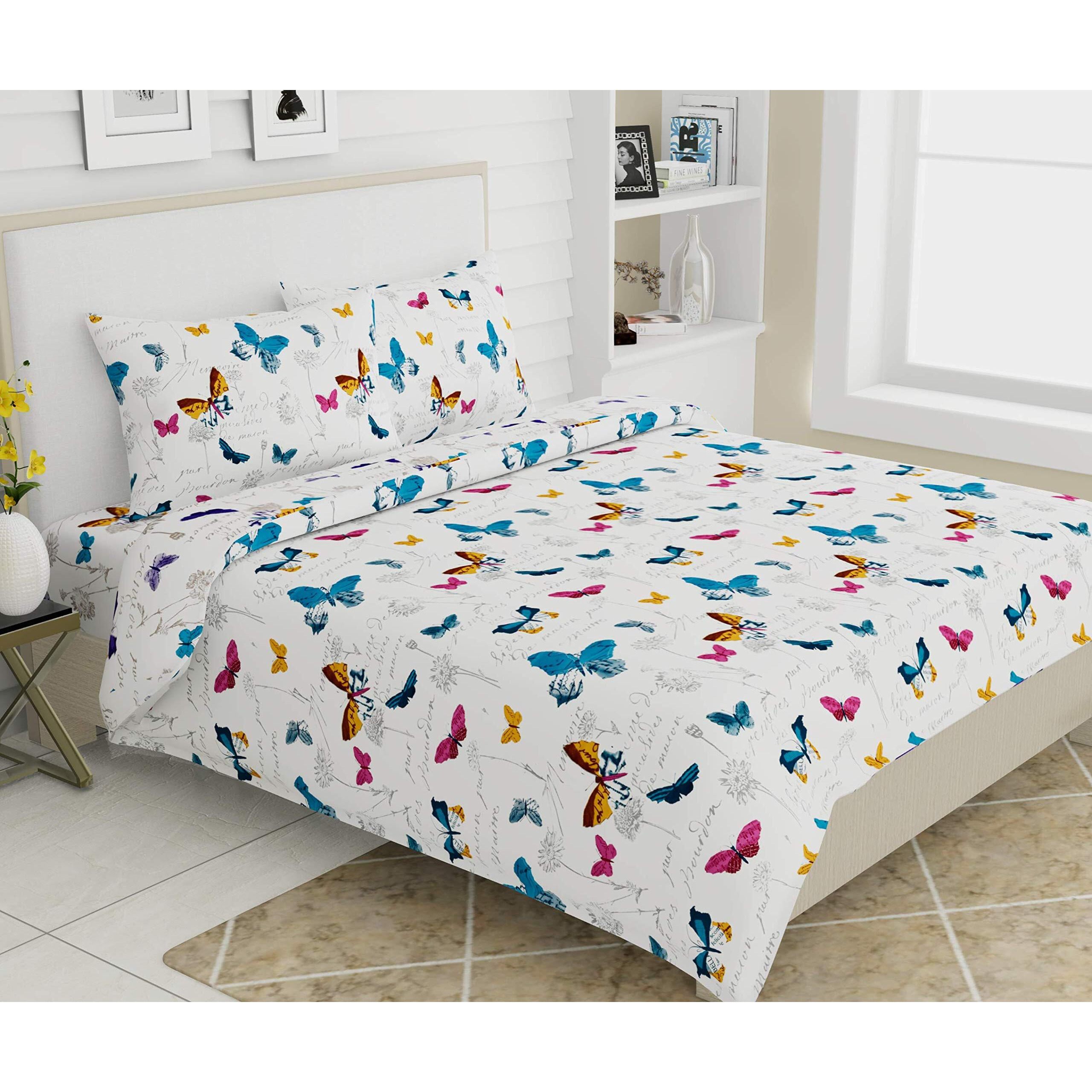 Haus & Kinder Double Size Bedsheets For Bed, 186 Tc, 100% Cotton Bed Sheet For Queen Size Bed With 2 Pillow Covers, Bedsheet With French Riviera Design