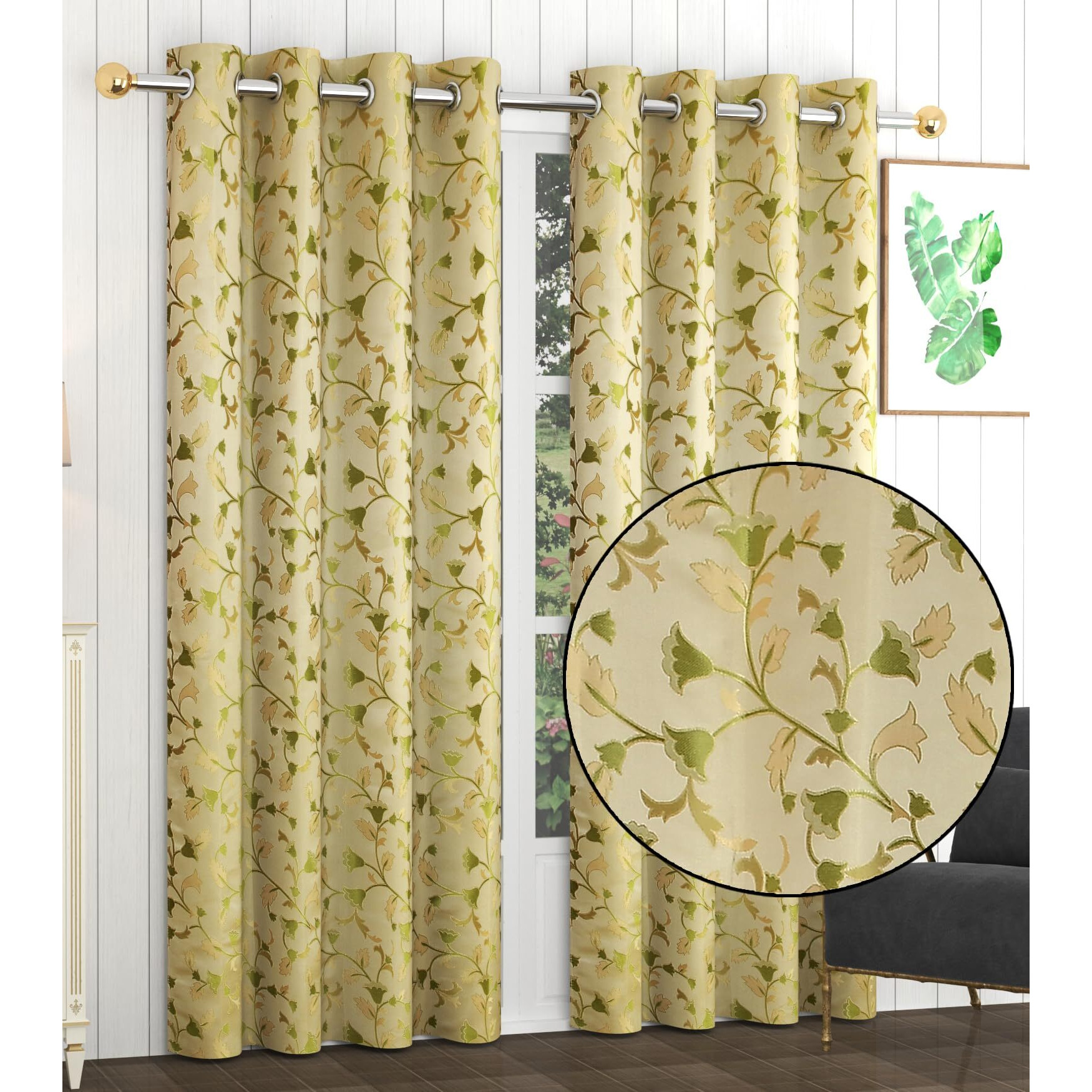 Fresh From Loom Floral Rod Pocket Curtains For Door 9 Feet Long|Latest Big Window Curtain Premium Polyester Weaved Parda|Latest Modern Parde For Living/Bedroom|Home Office (Green, 2Pc)