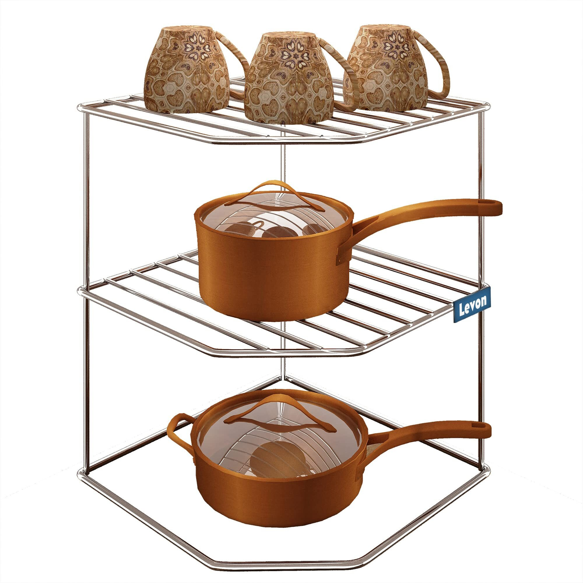 Levon Sturdy Stainless Steel Corner Shelf Rack For Plates, Bowls & Cups In Kitchen - Size (255 X 255 X 320 Mm)