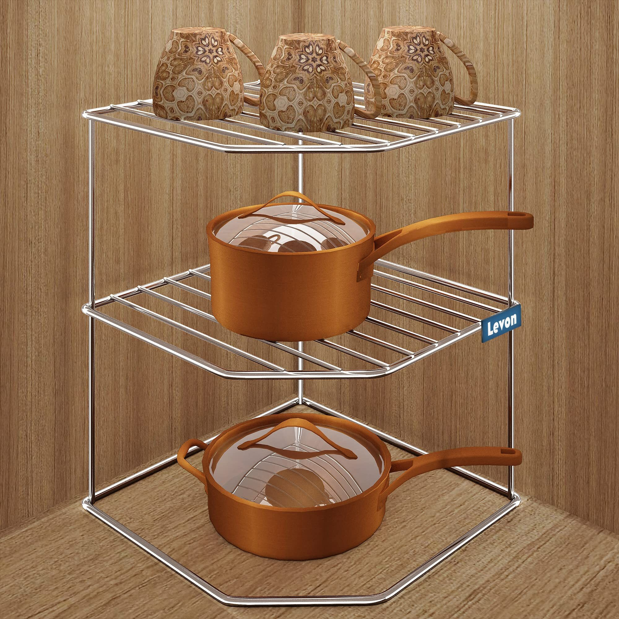 Levon Sturdy Stainless Steel Corner Shelf Rack For Plates, Bowls & Cups In Kitchen - Size (255 X 255 X 320 Mm)