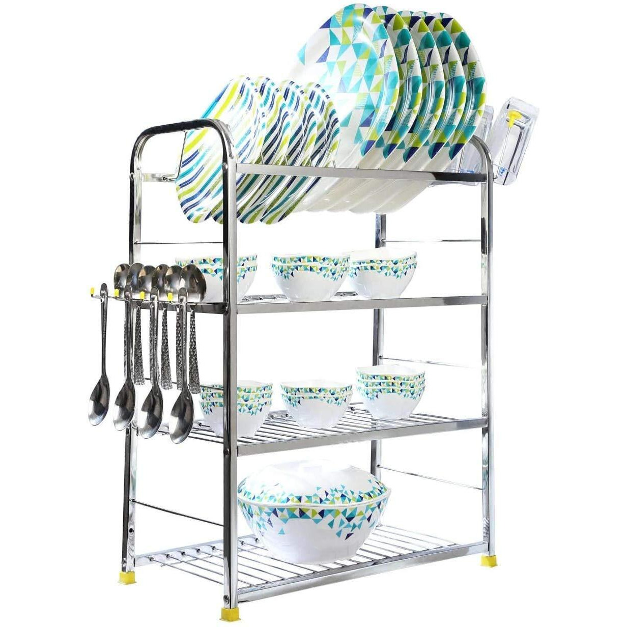 Palomino Stainless Steel 4 Layer Shelf Wall Mount Kitchen Dish Rack | Utensils Rack With Plate & Cutlery Stand | Modular Kitchen Storage Rack | Kitchen Organizer (24 X 18 Inch)