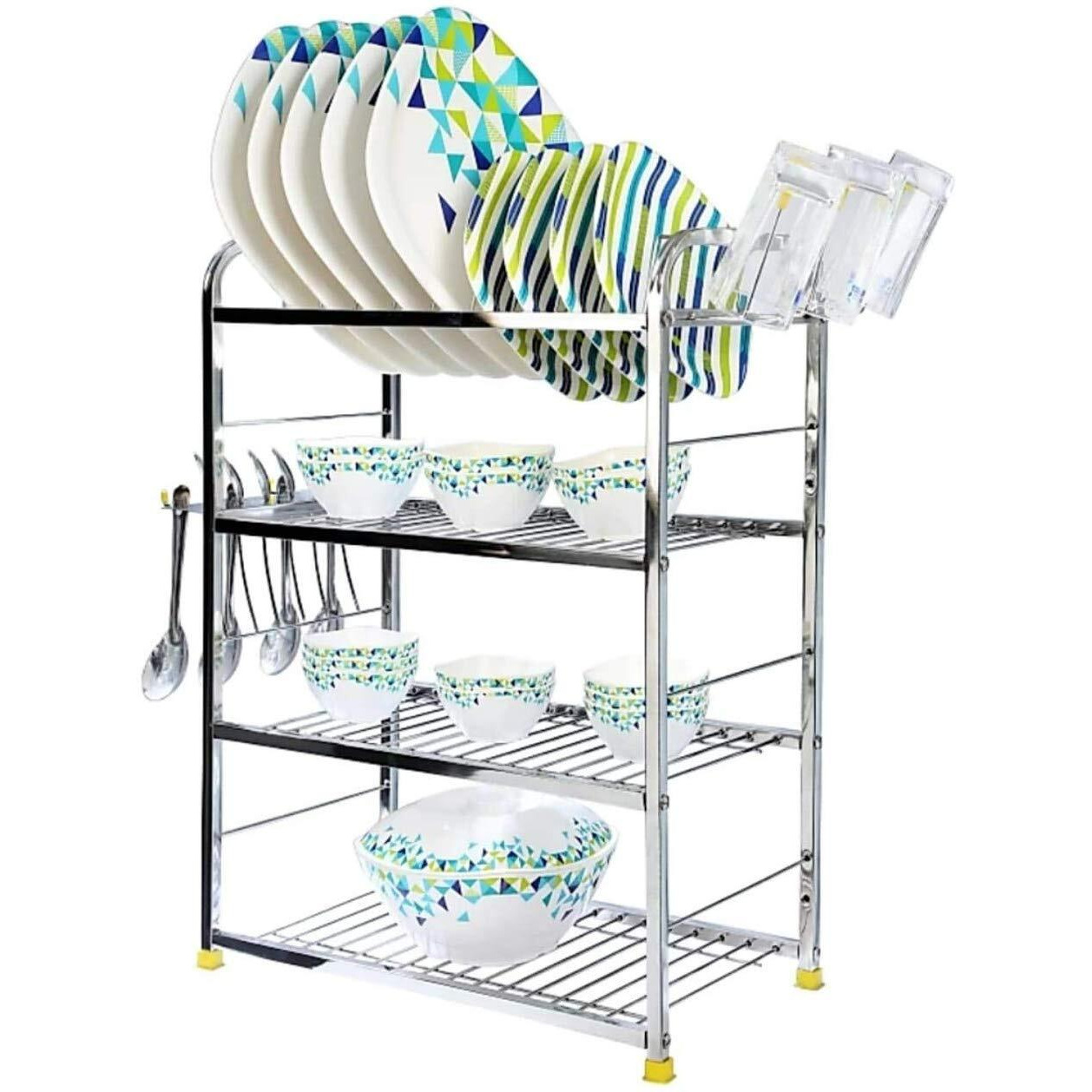 Palomino Stainless Steel 4 Layer Shelf Wall Mount Kitchen Dish Rack | Utensils Rack With Plate & Cutlery Stand | Modular Kitchen Storage Rack | Kitchen Organizer (24 X 18 Inch)
