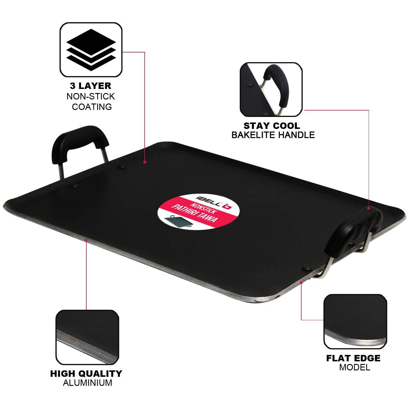 Ibell 3833Dlx Non Stick Tawa, Dosa Roti Chapati Pathiri Tawa, Large Rectangular Aluminium Body With Bended Edge, 37.5Cm X 31.5Cm With 5Mm Thickness (Black)