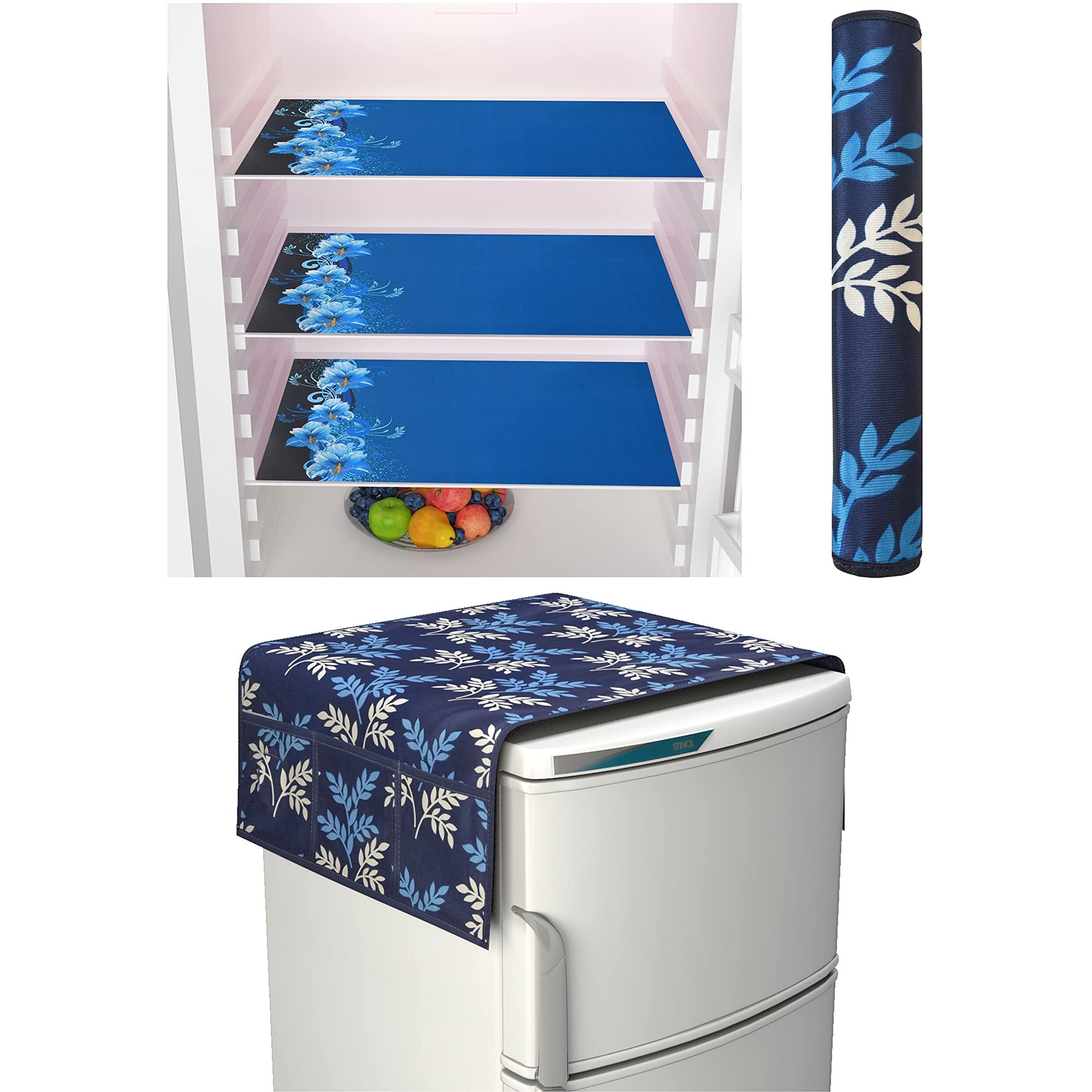 Yellow Weaves Combo Of Fridge Top Cover, 1 Handle Cover + 3 Fridge Mats, 5 Piece Set(Blue)