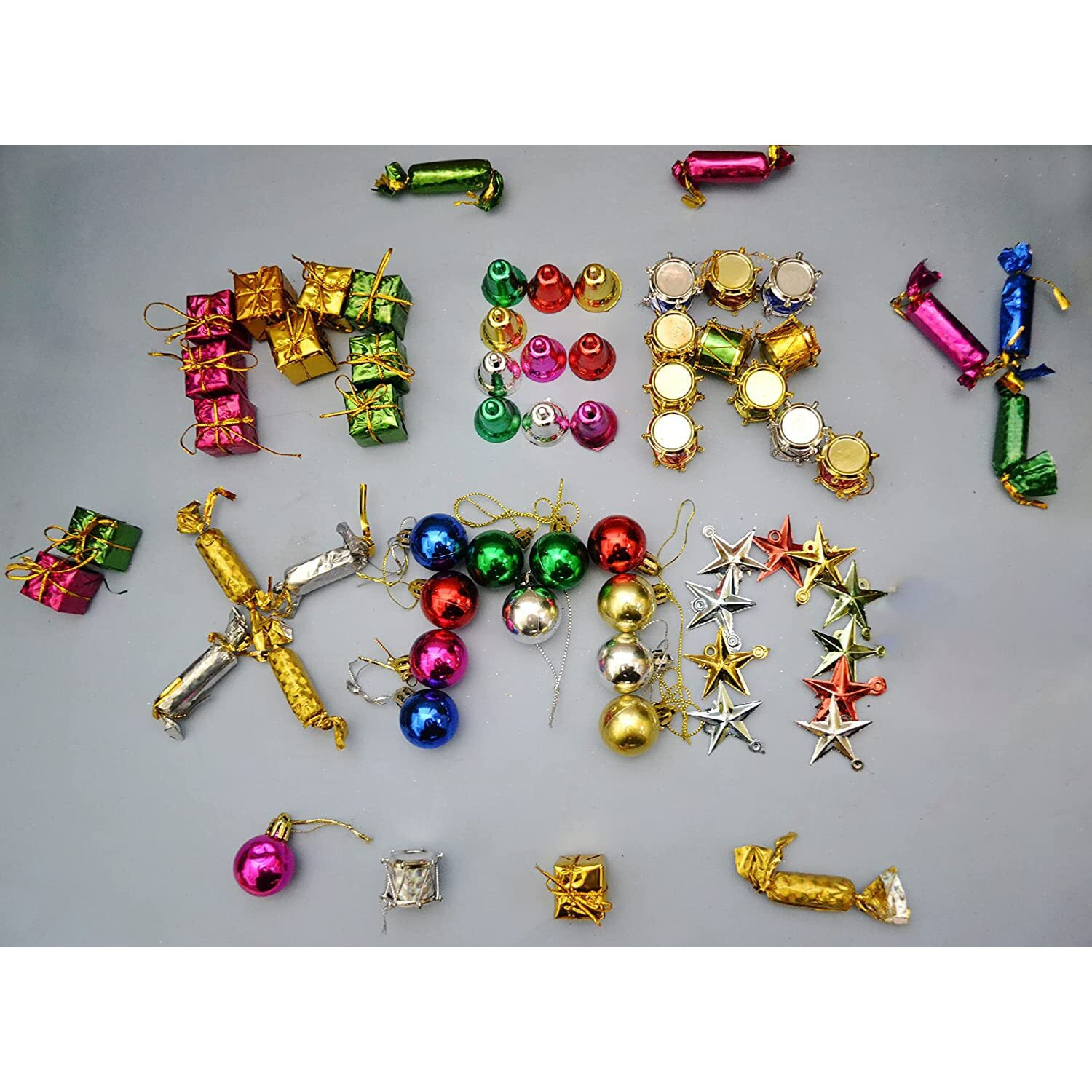 Collectible India 72 Pcs Mini Christmas Decoration Ornaments Set For Tree Decorations - Christmas Decorations Items (Balls, Bells, Gifts, Drums, Stars, Toffee)