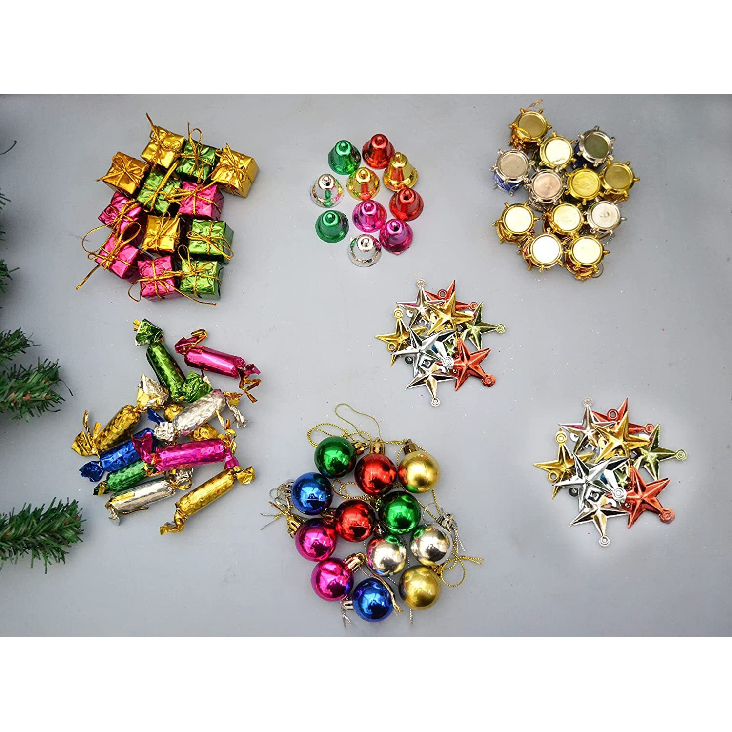 Collectible India 72 Pcs Mini Christmas Decoration Ornaments Set For Tree Decorations - Christmas Decorations Items (Balls, Bells, Gifts, Drums, Stars, Toffee)