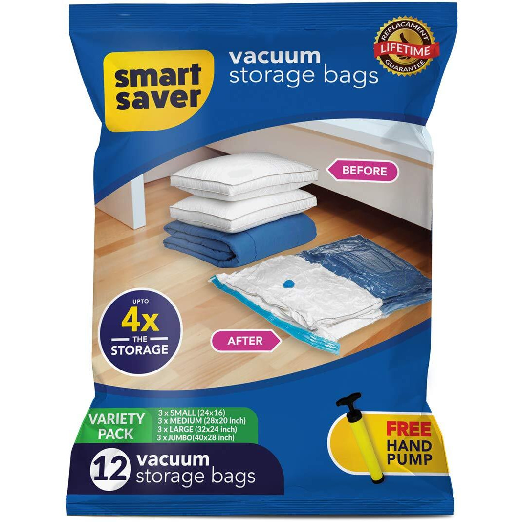 Smart Saver Reusable Vacuum Storage Bags Ziplock Space For Travel Plastic Bags For Clothes Transparent Storage For Blankets Cloth With Zip,Underbed Organizer Bigowl Saver Compression-Pack Of 12-Blue