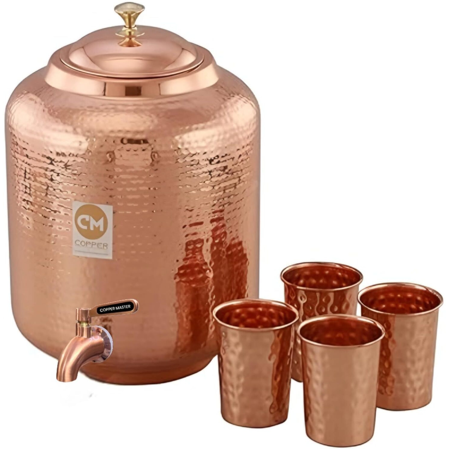 Copper Master 8 Litre Hammered Copper Water Dispenser (Matka) Container Pot With 4 Pure Copper Glasses With Pure Copper And Ayurvedic Health Benefits (8000 Ml + 1200 Ml)