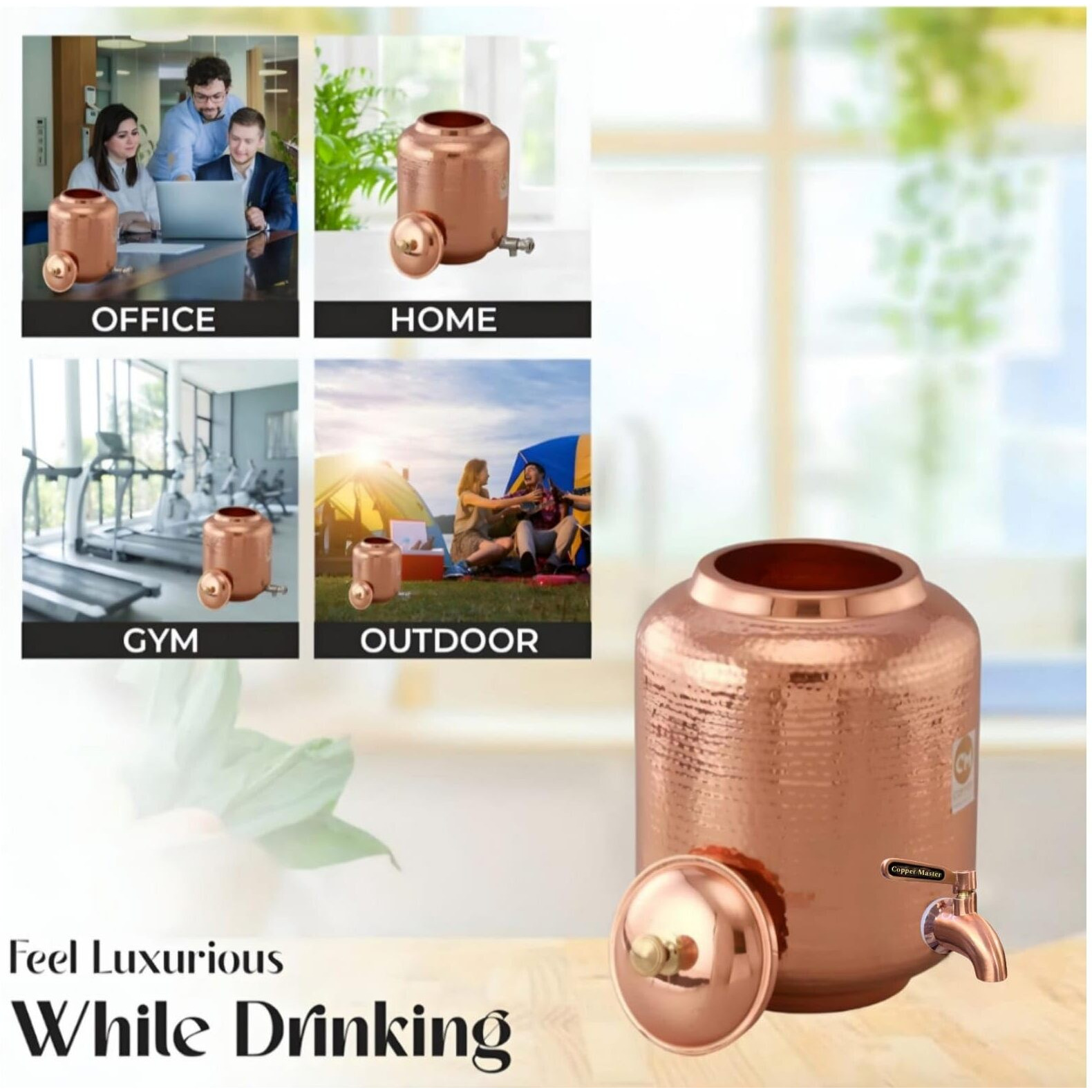 Copper Master 8 Litre Hammered Copper Water Dispenser (Matka) Container Pot With 4 Pure Copper Glasses With Pure Copper And Ayurvedic Health Benefits (8000 Ml + 1200 Ml)
